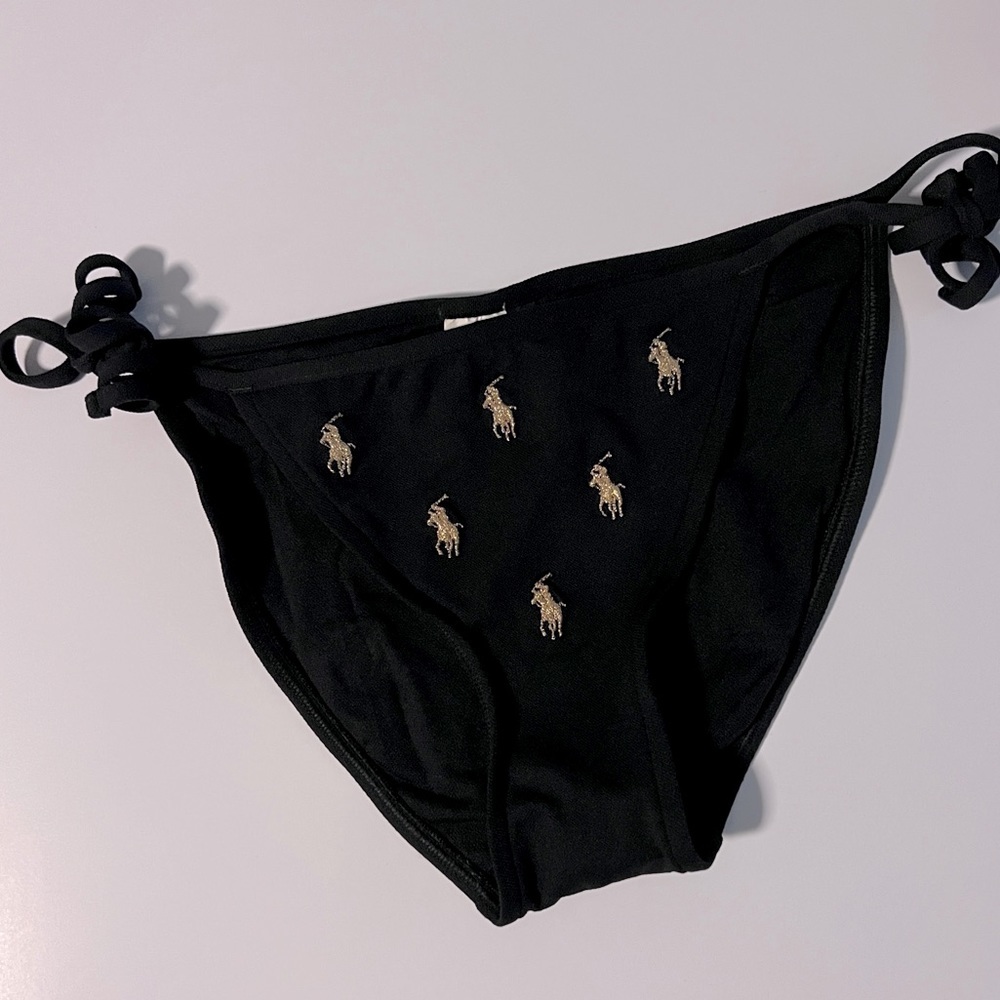 Ralph Lauren Bikini Bottom Black w/Gold embroidered Ponies Sz Small Tie Sides